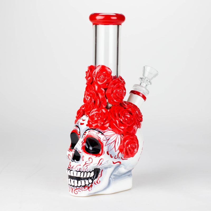 9 Rose Sugar Skull-Themed Glass Bong