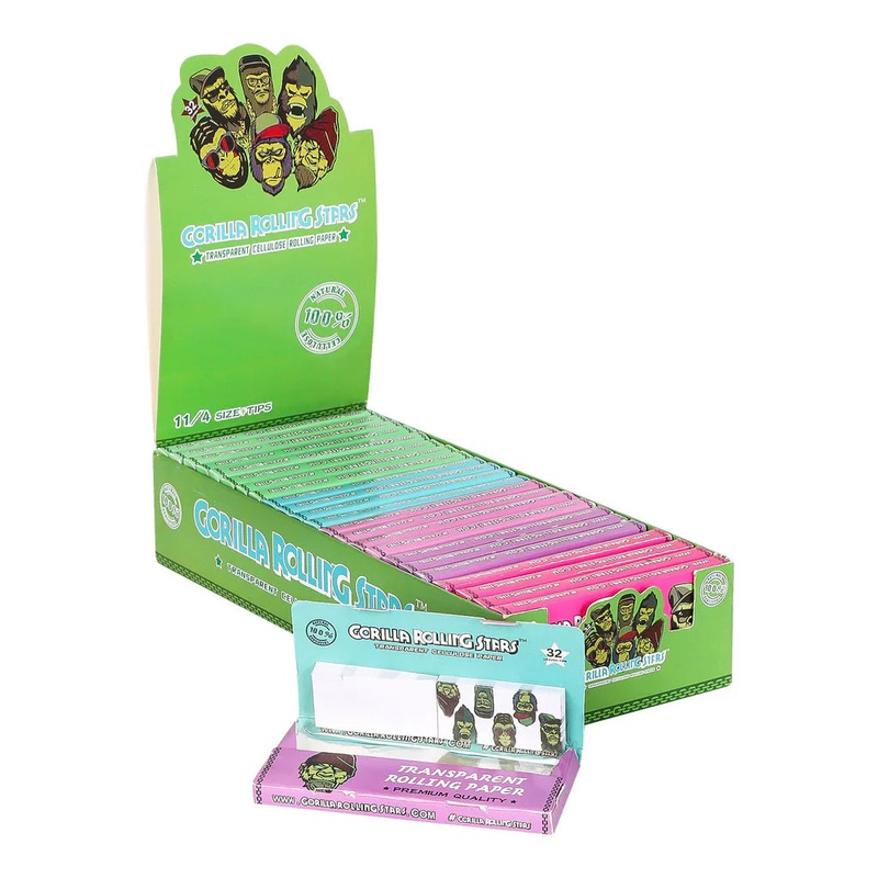 GORILLA ROLLING STARS 1 1/4 Size Transparent Cellulose Rolling Papers with Rolling Tips