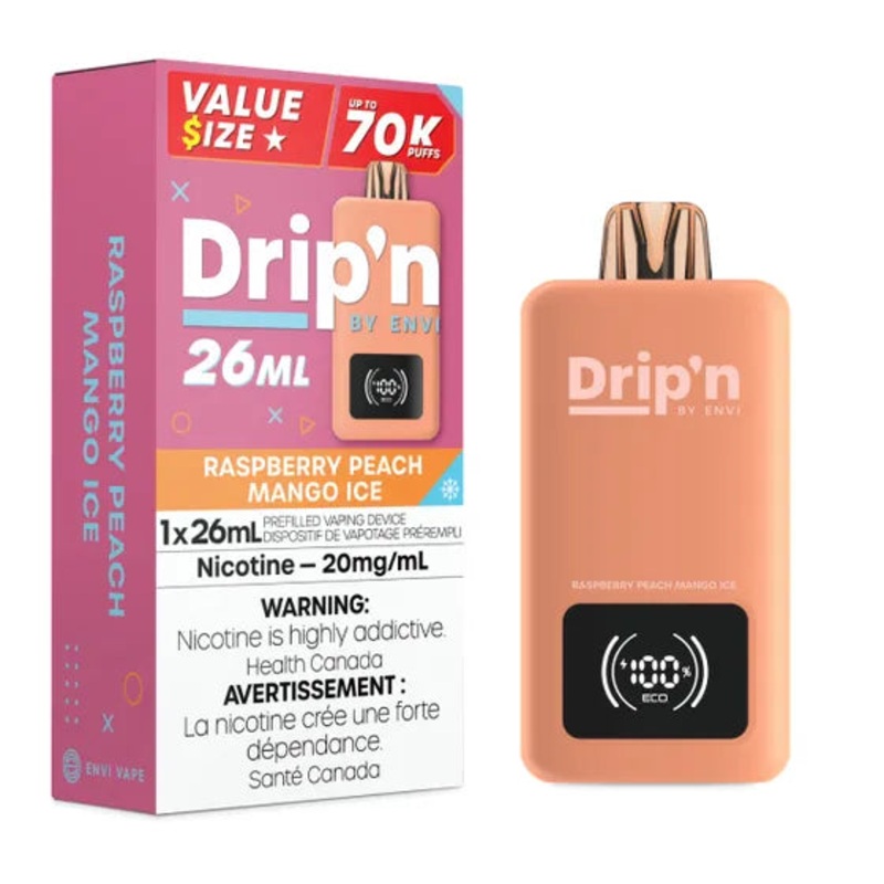 Drip’n by Envi 26ML Disposable Vape – 70K Puffs – Raspberry Peach Mango Ice
