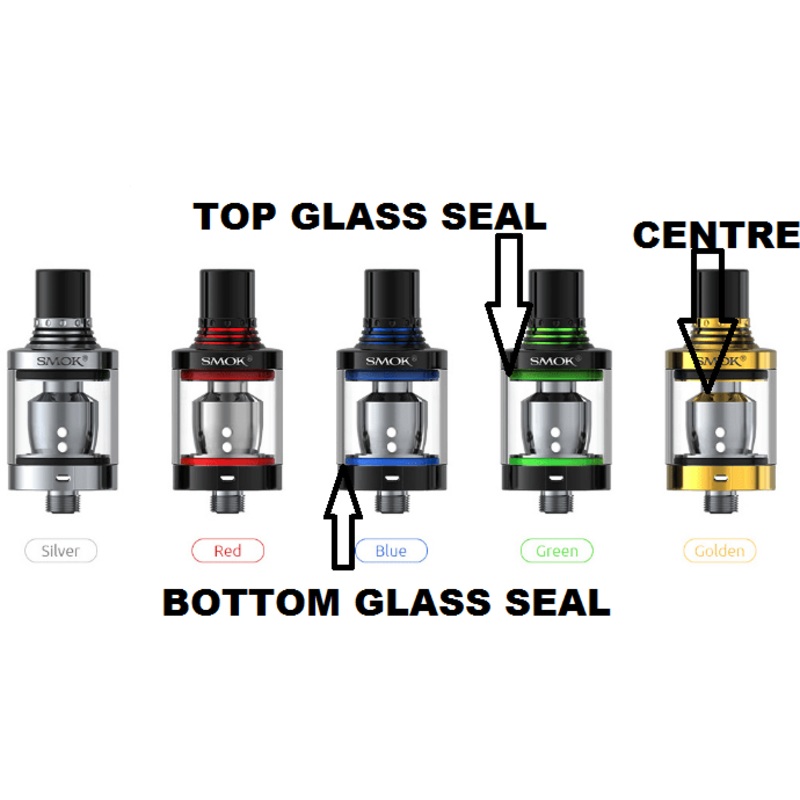 SMOK Spiral Tank Seals|Black – Top Glass|Black – Bottom Glass|Green – Top Glass|Green – Bottom Glass|Red – Top Glass|Red – Bottom Glass|Blue – Top Glass|Blue – Bottom Glass|Clear – Centre Tube to Coil