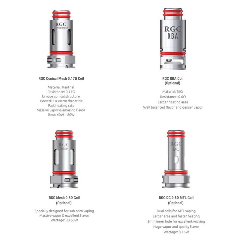 SMOK RGC Replacement Coils|0.17ohm Conical Mesh (40W-80W) (1pc/coil)|0.3ohm Mesh (30W-60W) (1pc/coil)|0.6ohm DC MTL (8W-16W) (1pc/coil)|RGC RBA (1pc/coil)