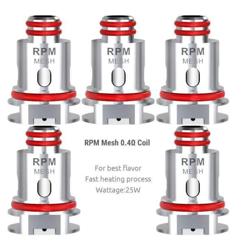 SMOK RPM Replacement Coils|0.4ohm Mesh (25W)|0.6ohm Triple (25W)|1.0ohm SC (14W)|1.2ohm Quartz (12W)|RBA (0.6ohm coil installed)|0.3ohm MTL Mesh (10W-15W)|0.8ohm DC MTL (16W)