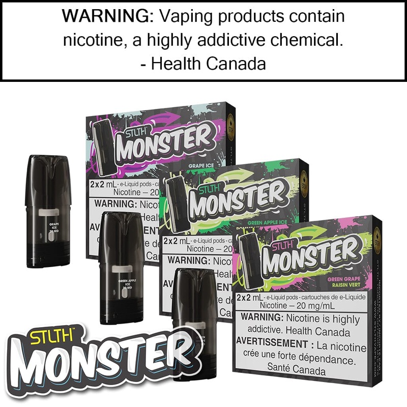 STLTH Monster Pods|Blue Razz Lemon Ice|Blue Watermelon Ice|Fruit Splash Ice|Grape Ice|Green Apple Ice|Green Grape|Hype Ice|Ice Mint|Lush Aloe Ice|Mango Lychee Ice|Mango Pineapple Peach Ice|Orange Citrus Ice|Peach Berries Ice|Peach Dragonfruit Ice|Raspberr