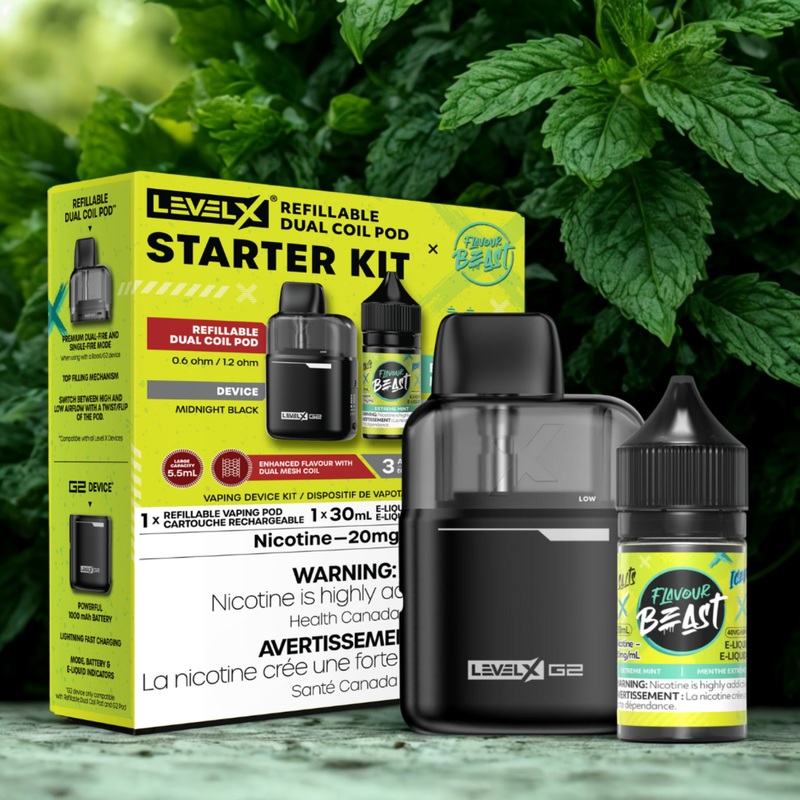 Level X Starter Kit|Bomb Blue Razz|Bussin Banana Iced|Extreme Mint Iced|Mad Mango Peach|Wild White Grape Iced
